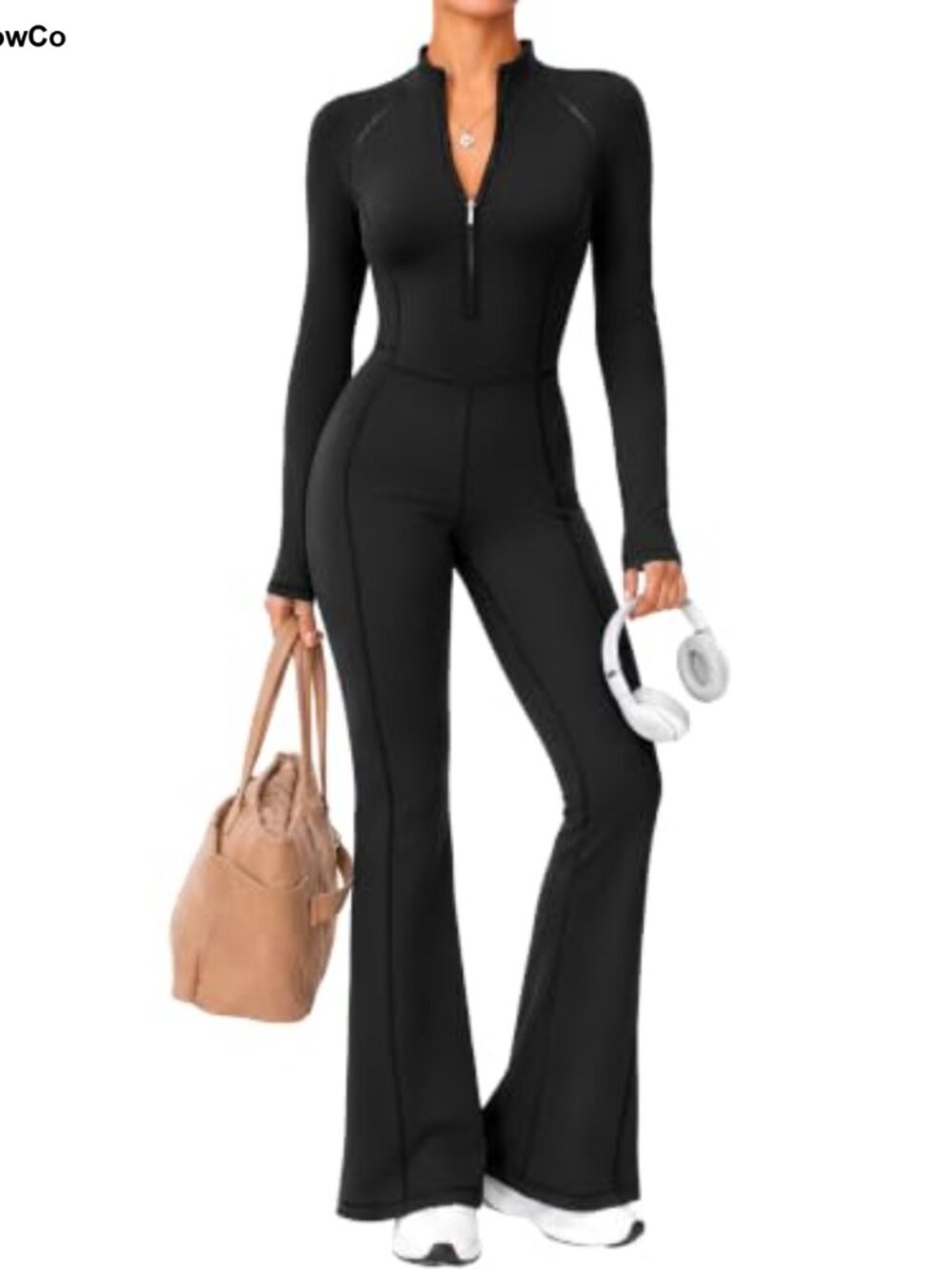 Long Sleeve Half-Zip Flared Jumpsuit Mock Neck One-Piece Workout